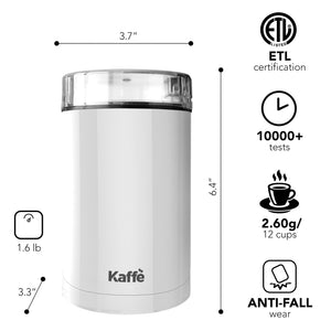 Kaffe Electric Coffee Grinder - 14 Cup (3.5oz) with Cleaning Brush. Easy On/Off - White