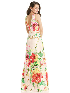 Blush Pink Floral Jewel Neck Asymmetrical Shirred Bodice Maxi Dress - D819FP