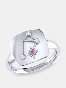 Libra Scales Pink Tourmaline & Diamond Constellation Signet Ring In Sterling Silver