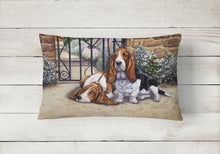 Load image into Gallery viewer, 12 in x 16 in  Outdoor Throw Pillow Basset Hound at the gate Canvas Fabric Decorative Pillow