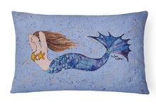 Load image into Gallery viewer, 12 in x 16 in  Outdoor Throw Pillow Brown Headed Mermaid on Blue Canvas Fabric Decorative Pillow