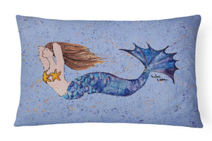 12 in x 16 in  Outdoor Throw Pillow Brown Headed Mermaid on Blue Canvas Fabric Decorative Pillow