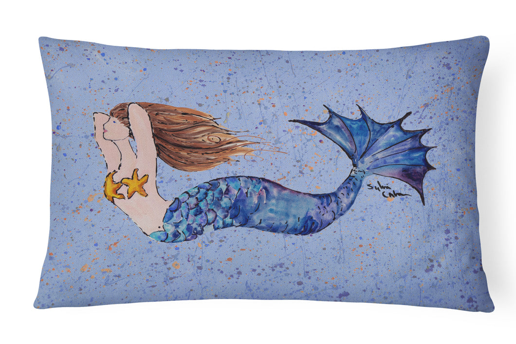 12 in x 16 in  Outdoor Throw Pillow Brown Headed Mermaid on Blue Canvas Fabric Decorative Pillow