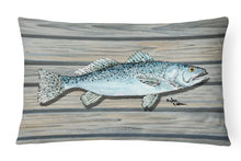 Load image into Gallery viewer, 12 in x 16 in  Outdoor Throw Pillow Speckled Trout Fish on Pier Canvas Fabric Decorative Pillow
