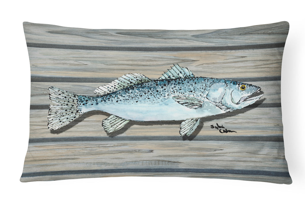 12 in x 16 in  Outdoor Throw Pillow Speckled Trout Fish on Pier Canvas Fabric Decorative Pillow