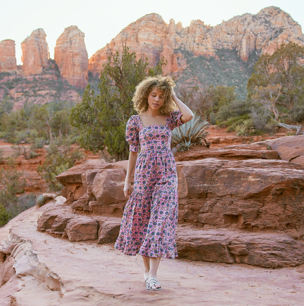 Barbara Square Neck Dress - Pale Magenta & Indigo Floral