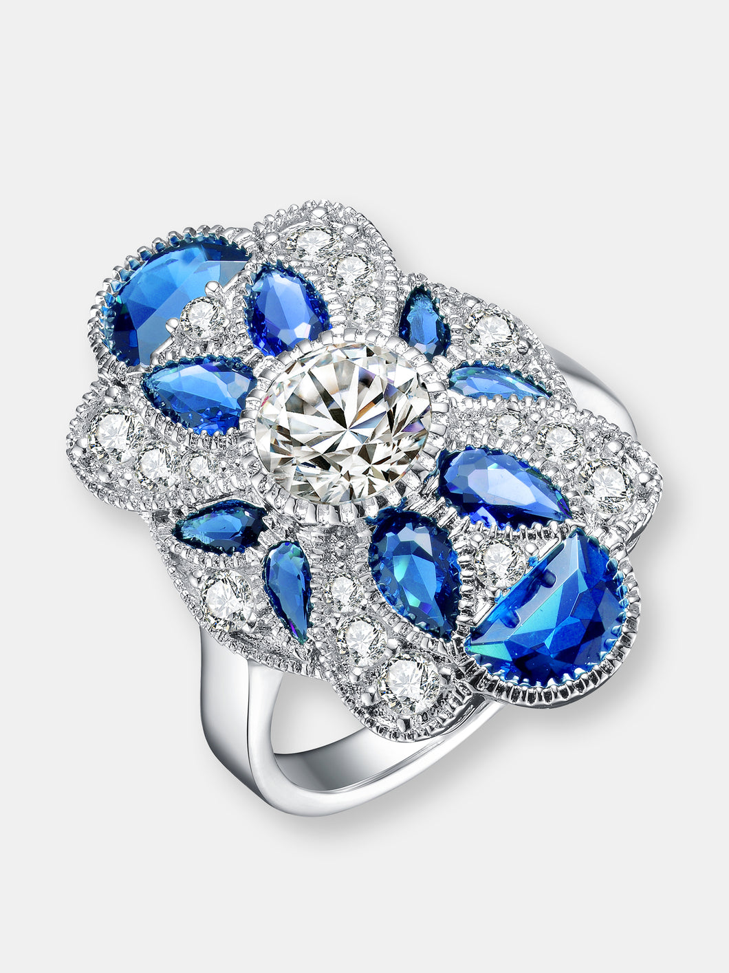 Sterling Silver Sapphire Cubic Zirconia Floral Cocktail Ring