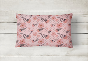 12 in x 16 in  Outdoor Throw Pillow Pink Flowers and Polka Dots Canvas Fabric Decorative Pillow