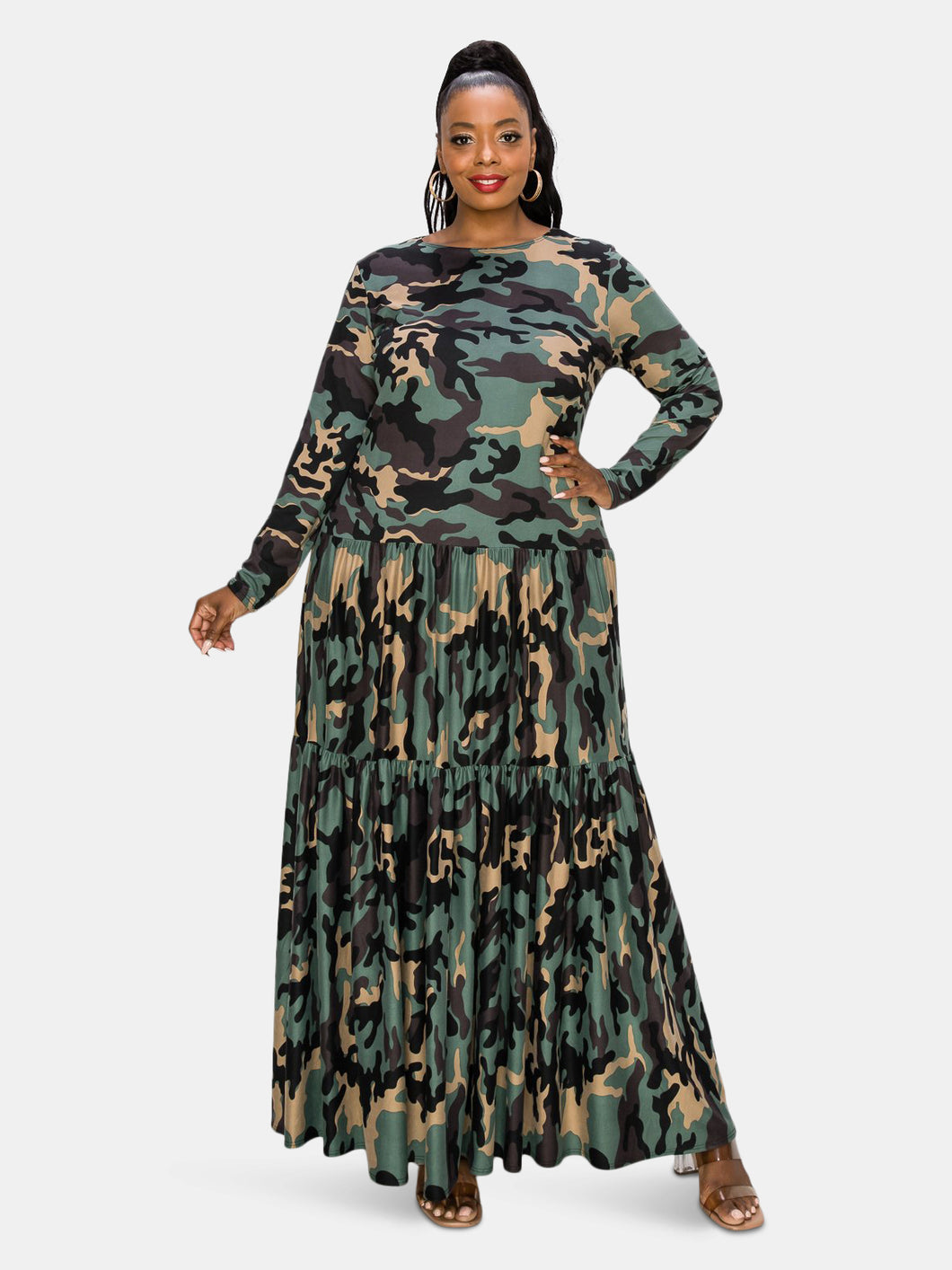 Camo Tiered Maxi Dress with Long Sleeves