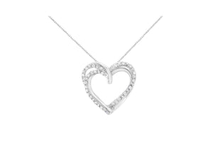 .925 Sterling Silver 1/4 cttw Prong Set Round-Cut Diamond Woven Double Heart 18" Pendant Necklace