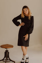 Load image into Gallery viewer, Daphne Midi Dress With Bust Seam Detail And Blouson Sleeves / Black Cotton