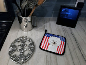 American Flag and Bichon Frise Pair of Pot Holders