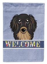 Load image into Gallery viewer, 11 x 15 1/2 in. Polyester Longhair Black and Tan Dachshund Welcome Garden Flag 2-Sided 2-Ply
