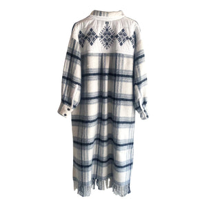 Plaid Long Shacket With Fringes In White And Grey