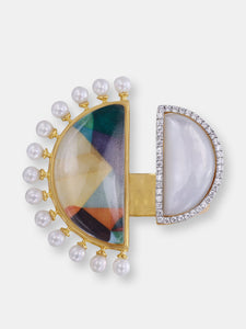 My Colorful Legacy Pearl & Moonstone Diamond Open Ring In 14K Yellow Gold Plated Sterling Silver