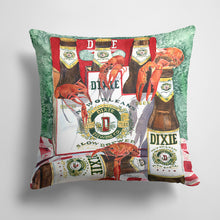 Load image into Gallery viewer, 14 in x 14 in Outdoor Throw PillowDixie Beer and Crawfish New Orleans Fabric Decorative Pillow