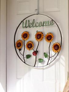 Metal Indoor Outdoor Sunflower Ladybug Welcome Sign Door Wall Decor
