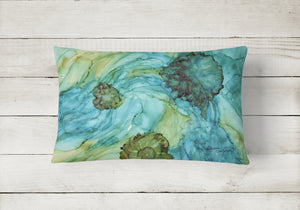 12 in x 16 in  Outdoor Throw Pillow Abstract in Teal Flowers Canvas Fabric Decorative Pillow