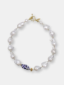 Baroque Pearls with Rhinestones Bordered Lapis Lazuli Short Necklace