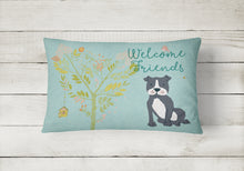 Load image into Gallery viewer, 12 in x 16 in  Outdoor Throw Pillow Welcome Friends Black Staffie Canvas Fabric Decorative Pillow