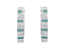 Load image into Gallery viewer, 10k White Gold Round and Blue Baguette Diamond Hoop Earrings