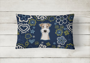 12 in x 16 in  Outdoor Throw Pillow Blue Flowers Wire Haired Fox Terrier Canvas Fabric Decorative Pillow