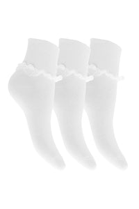 Big Girls Cotton Rich Socks With Ruffled Trim (Pack Of 3) (White)