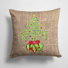 Load image into Gallery viewer, 14 in x 14 in Outdoor Throw PillowChristmas Tree Fleur de lis on Faux Burlap Fabric Decorative Pillow