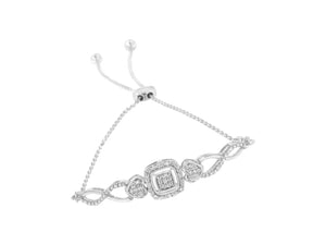 .925 Sterling Silver Diamond Cushion Frame Heart - Sides Twist 4” - 10” Adjustable Bolo Tennis Bolo Bracelet