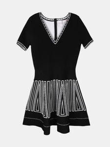 Carolina Herrera Women's Black Multi Short Sleeve V-Neck Fit and Flare Dress