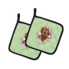 Load image into Gallery viewer, Labradoodle Green Flowers Pair of Pot Holders