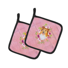 Load image into Gallery viewer, Sheltie Shetland Sheepdog Pink Flowers Pair of Pot Holders