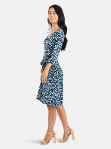 Perfect Wrap Ruffle Sleeve Dress in Calico Blue
