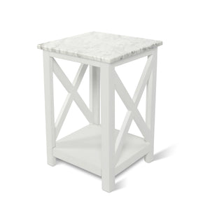 Agatha 15" Square Italian Carrara White Marble Side Table With white Color Solid Wood Legs