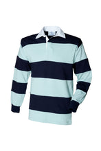 Load image into Gallery viewer, Front Row Sewn Stripe Long Sleeve Sports Rugby Polo Shirt (Duck Egg/Navy)