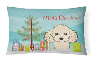 12 in x 16 in  Outdoor Throw Pillow Christmas Tree and Buff Poodle Canvas Fabric Decorative Pillow