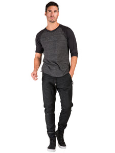 Men's Premium Knit Denim Jogger Jeans Drop Crotch Black Coated Whisker
