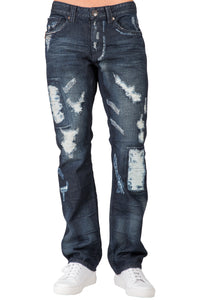 Men's Slim Straight Premium Jeans Dark Indigo Destroyed & Repaired