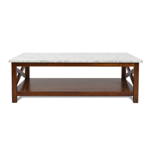 Agatha 44" Rectangular Italian Carrara White Marble Coffee Table With Walnut Color Solid Wood Legs