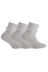 Childrens Girls Frill Socks With Lace (Pack Of 3) (White)