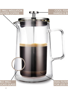 Kaffe KF1010 French Press Coffee Maker. Double-Wall Borosilicate Glass. (27oz / 0.8L) 6-cups