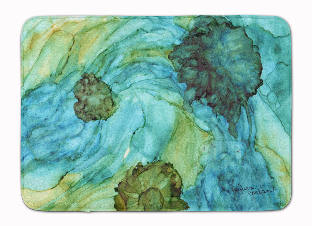 19 in x 27 in Abstract in Teal Flowers Machine Washable Memory Foam Mat