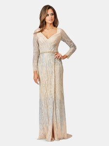 Lara 29467 - Long Sleeve Lace Gown with Wrap Skirt
