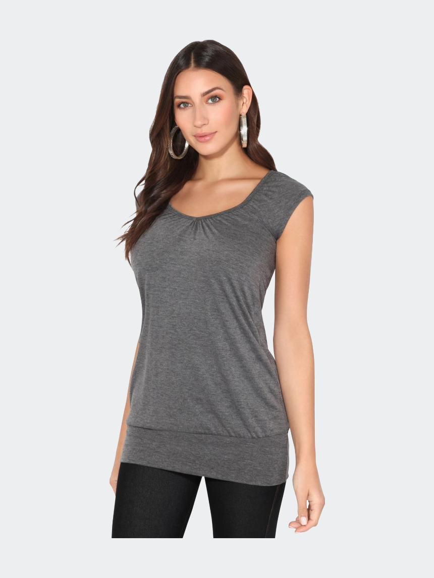 Womens/Ladies Cap Sleeve Banded Hem Jersey Top - Charcoal