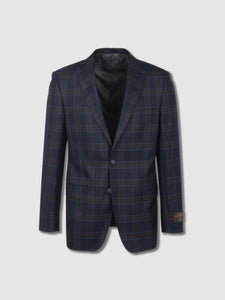 Dolcetto Navy with Light Brown windowpane Modern Fit, Pure Wool Jacket