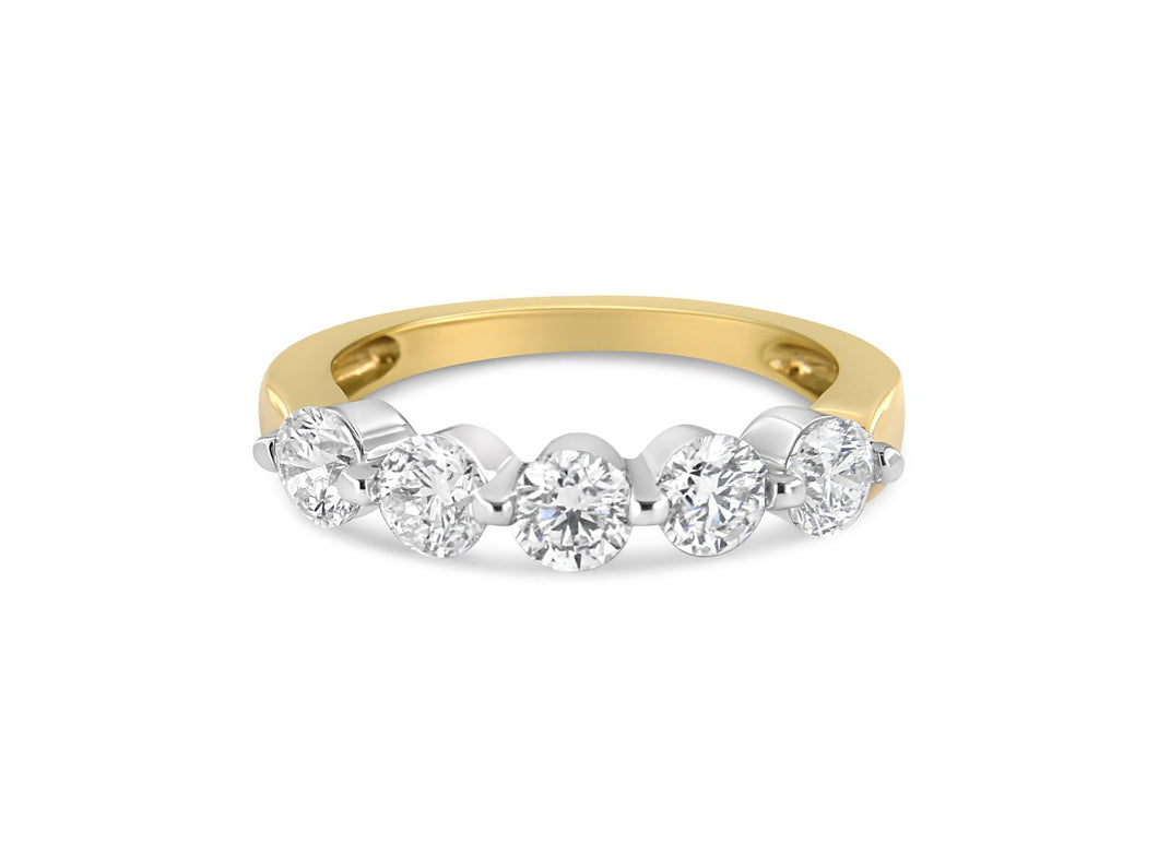 14K White and Yellow Gold 1 1/2 Cttw 2 Prong Cup Set Round-Cut Diamond 5 Stone Ring Band