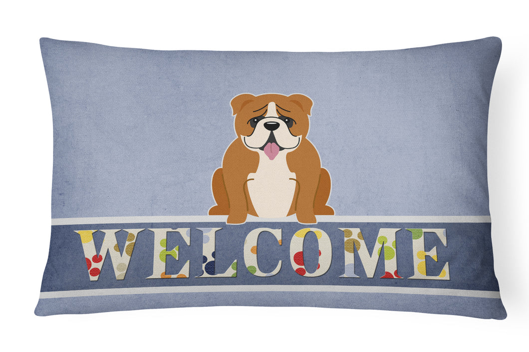 12 in x 16 in  Outdoor Throw Pillow English Bulldog Red White Welcome Canvas Fabric Decorative Pillow